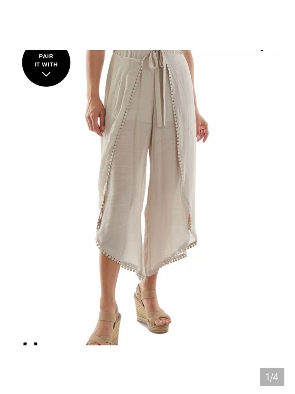 BCX Beige Pom-Pom Trim Wide-Leg Pants